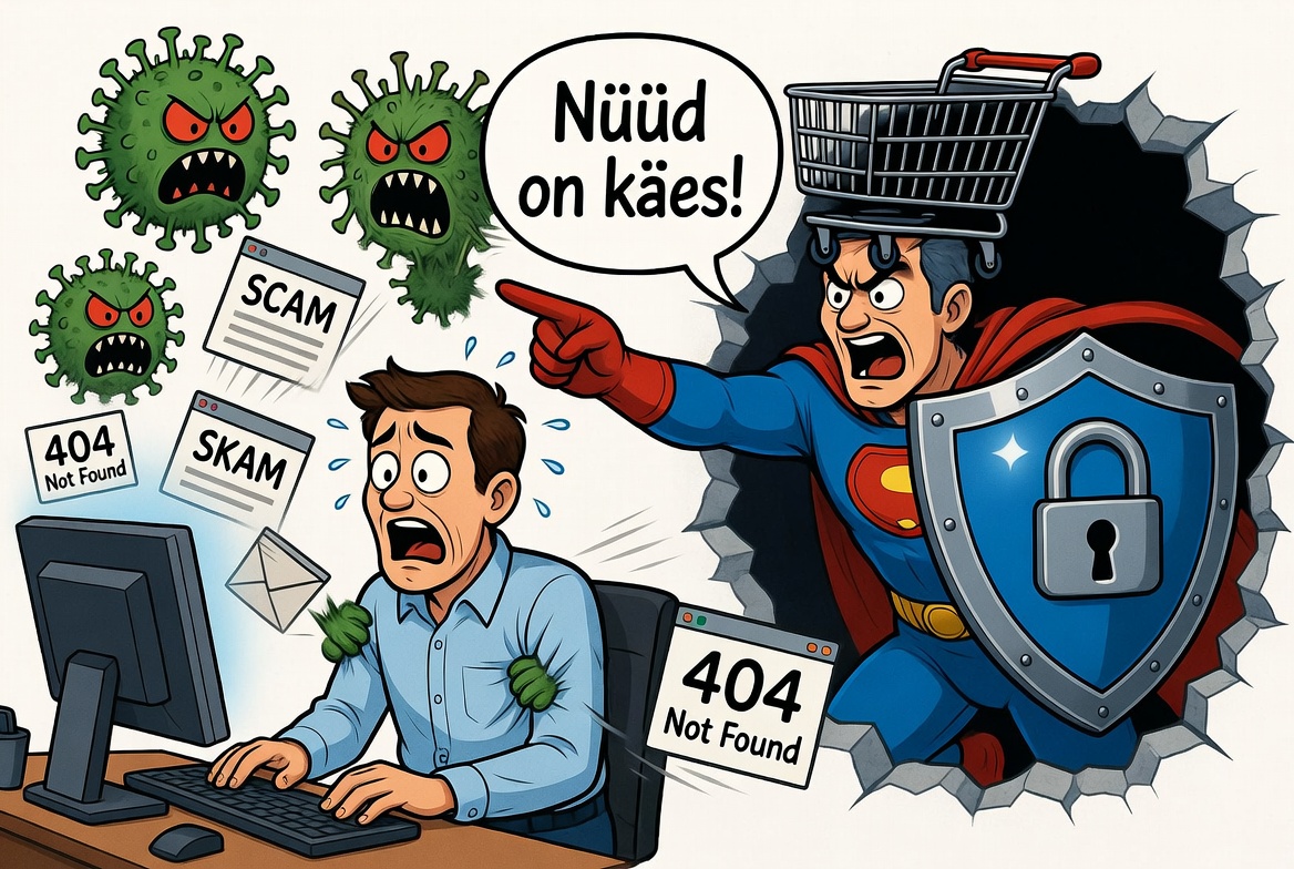 Humoristlik pilt, kus tavaline inimene istub arvuti ees hirmul ja superhero versioon tuleb appi kilbi ja lukuga, e-pood ja turvalisus teemad